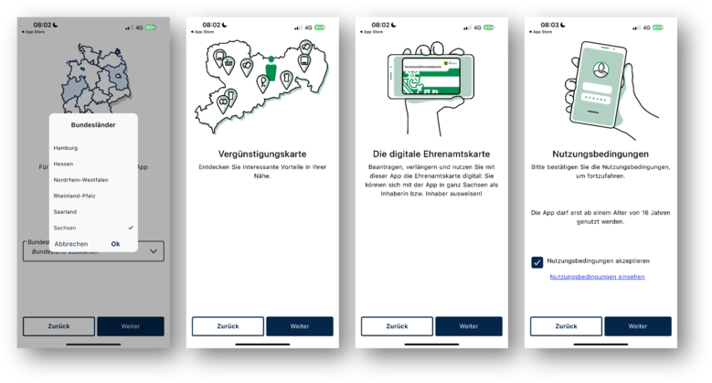 Vier Screenshots mit Ansichten der App, welche die teilnehmenden Bundesländer, die Vergünstigungskarte, die digitale Ehrenamtskarte und die Nutzungsbedingungen zeigen.
