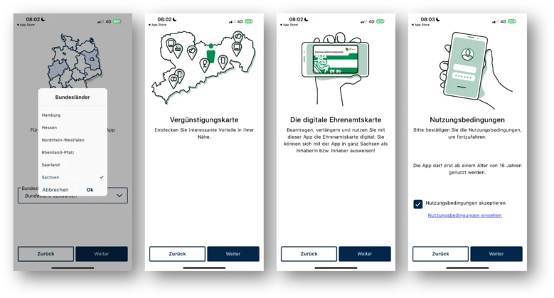 Vier Screenshots mit Ansichten der App, welche die teilnehmenden Bundesländer, die Vergünstigungskarte, die digitale Ehrenamtskarte und die Nutzungsbedingungen zeigen.
