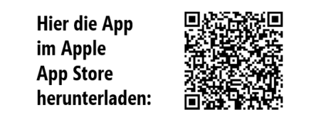 Neben dem Schriftzug "Hier die App im Apple App Store herunterladen" ist ein QR-Code abgebildet.