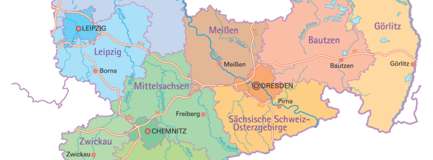 Karte von Sachsen, auf der die Landkreise und Kreisfreien Städte eingezeichnet sind.