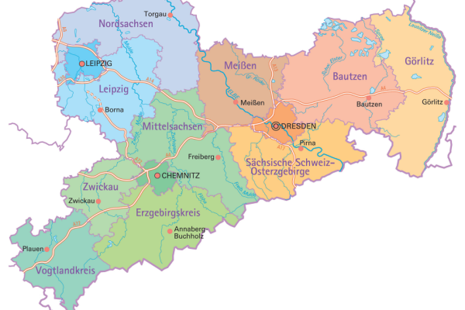 Karte von Sachsen, auf der die Landkreise und die Kreisfreien Städte eingezeichnet sind.