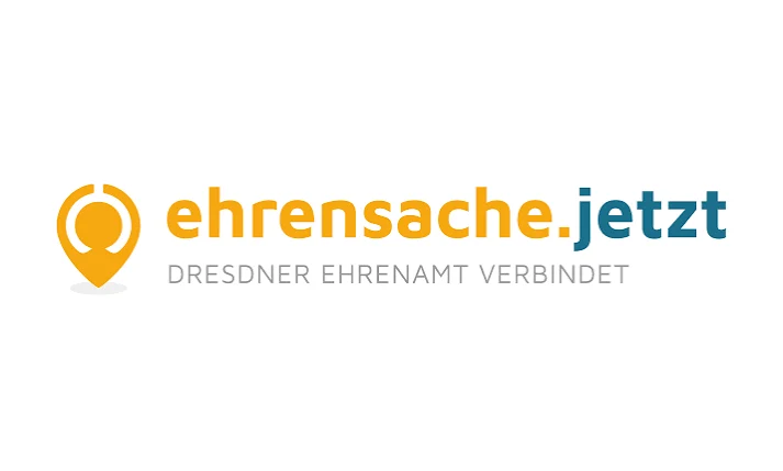 Logo der Ehrenamtsplattform "ehrensache.jetzt" mit Untertext "DRESDNER EHRENAMT VERBINDET" und einem gelben Standort-Pin-Symbol mit einer Personensilhouette.