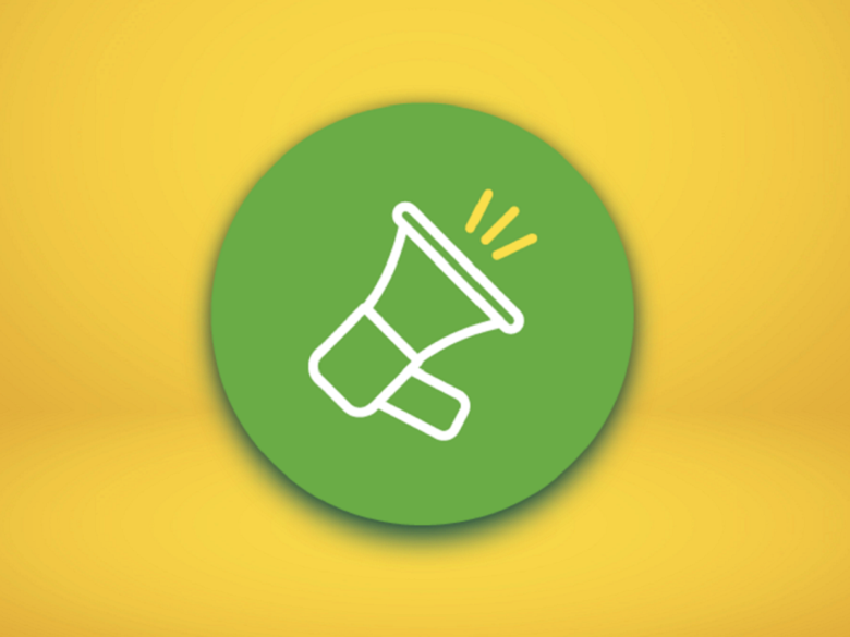 Vor einem gelben Hintergrund ist auf einem hellgrünen Kreis ein weißes Icon eines Megaphons abgebildet.