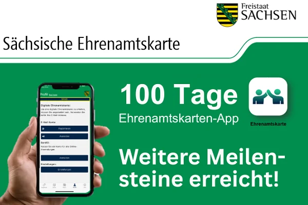 Mockup und Logo der Ehrenamtskarten-App mit der Unterschrift "100 Tage Ehrenamtskarten-App - Weitere Meilensteine erreicht!".
