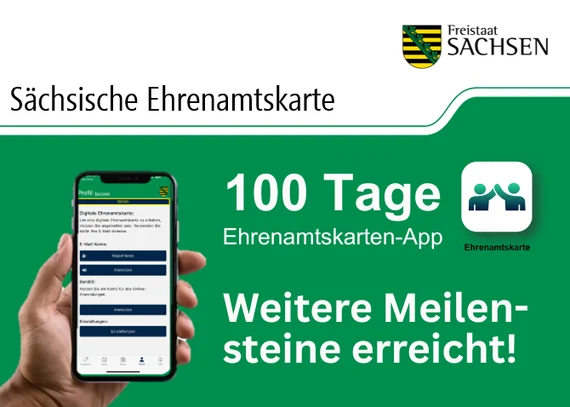 Mockup und Logo der Ehrenamtskarten-App mit der Unterschrift "100 Tage Ehrenamtskarten-App - Weitere Meilensteine erreicht!".