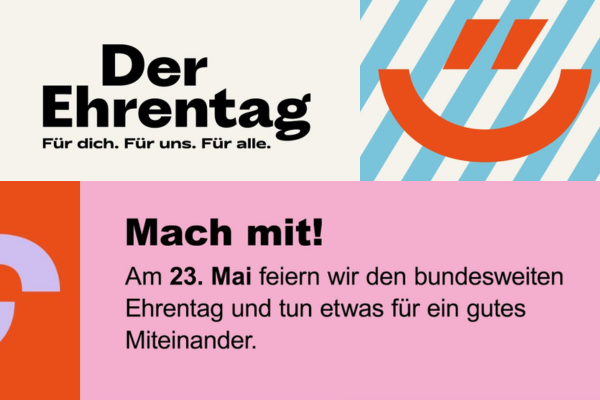 Collage aus verschiedenen, bunten Rechtecken mit Symbolen oder Texten, oben links steht "Der Ehrentag" unten rechts steht "Macht mit!".