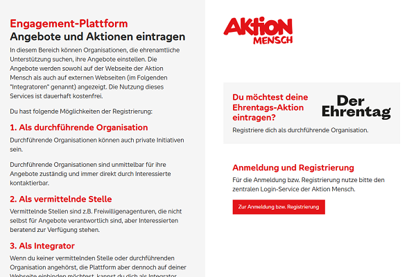Screenshot aus der Engagement-Plattform der Aktion Mensch, auf der die Aktionen eingetragen werden können.