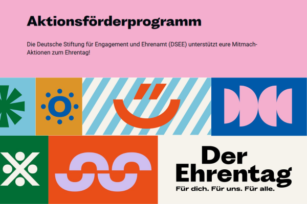 Collage aus verschieden farbigen Flächen mit Symbolen darauf, sowie dem Logo des Ehrentages und einem Hinweis zum Aktionsförderprogramm.