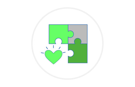 Icon für Engagementbörse: Grafik zeigt drei aneinander hängende Puzzleteilchen. statt eines vierten Puzzleteilchens wird ein Herz gezeigt