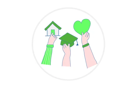 Icon für Formen des Engagements: Grafik zeigt drei Hände, eine Hand hält ein Haus, eine Hand hält eine Studentenmütze, die dritte Hand hält ein Herz