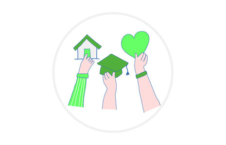 Icon für Formen des Engagements: Grafik zeigt drei Hände, eine Hand hält ein Haus, eine Hand hält eine Studentenmütze, die dritte Hand hält ein Herz