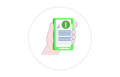 Icon für Informationen zum Engagement: Grafik zeigt eine Hand, die ein Handy hält. Auf dessen Display sind Informationen