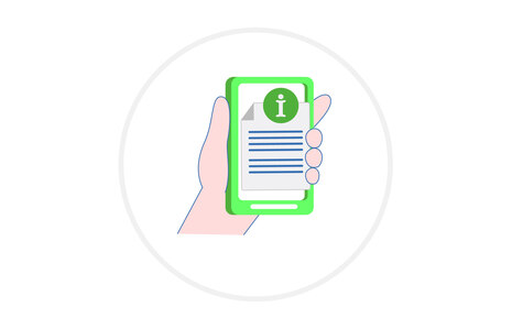Icon für Informationen zum Engagement: Grafik zeigt eine Hand, die ein Handy hält. Auf dessen Display sind Informationen