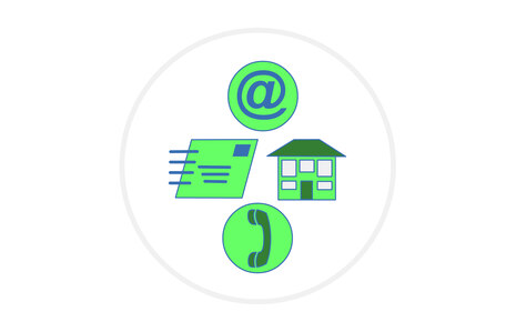 Icon für Kontakt: Grafik zeigt ein @-Zeichen, einen Brief, ein Haus und ein Telefon