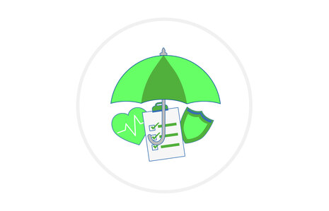 Icon für Sozialversicherung: Grafik zeigt ein Herz, ein Blatt Papier mit Text und ein Schild unter einem Regenschirm