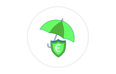 Icon für Versicherung: Grafik zeigt ein Schutzschild unter einem Regenschirm