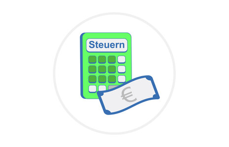 Icon für steuerliche Förderung: Grafik zeigt einen Taschenrechner mit einem Geldschein davor